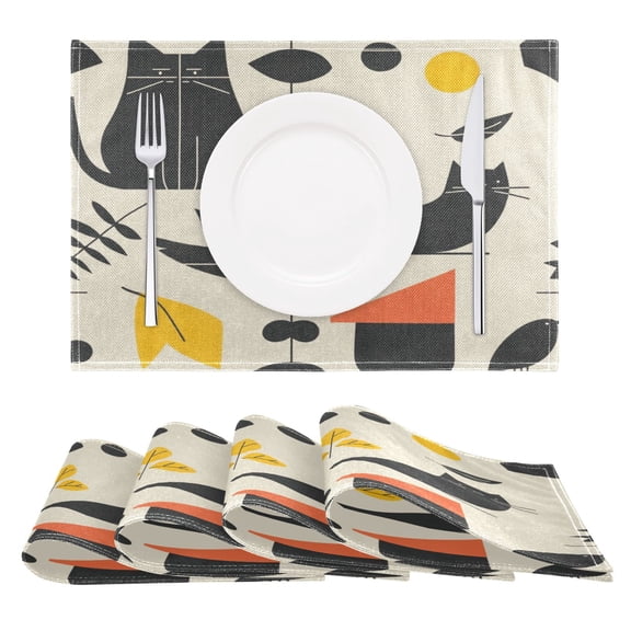 Stylized Cat and Leaves Reversible Placemat Non Slip Coffee Mat 18x12 Inch for Dining, Kitchen, Coffee