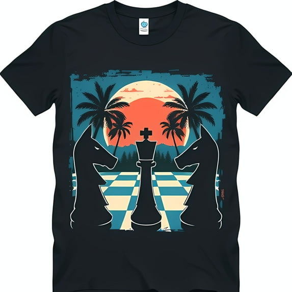 Stylized Chessboard Knights & King Graphic T-Shirt Sunset & Trees Design
