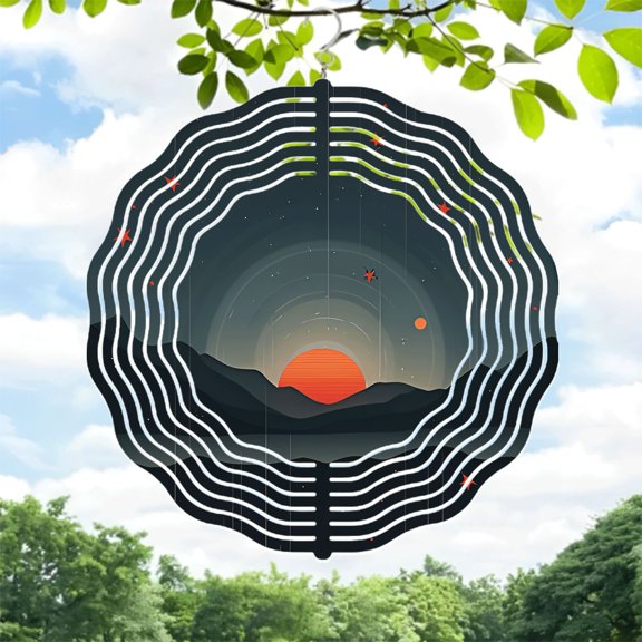 Stylized Circular Metal Wind Spinner with Concentric Waves Serene Sunset Landscape Stars & Moon - Perfect for Yard & Garden Decor