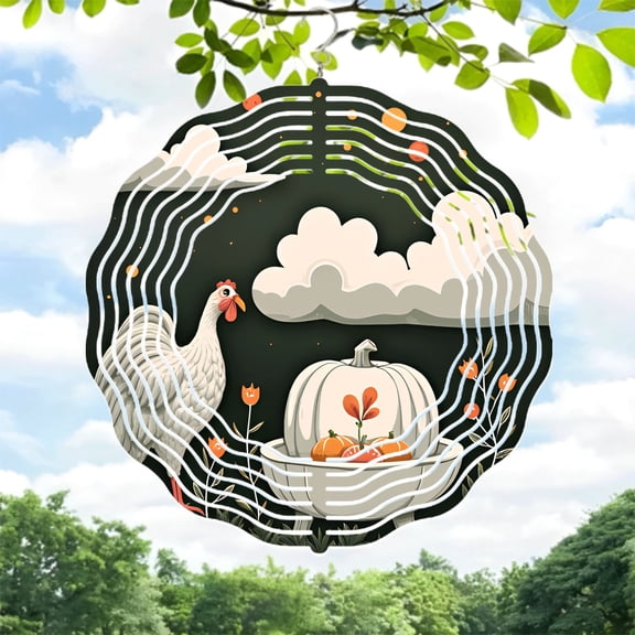 Stylized Circular Metal Wind Spinner with Turkey & Pumpkin Design Orange Floral Accents Perfect for Yard & Garden Decor