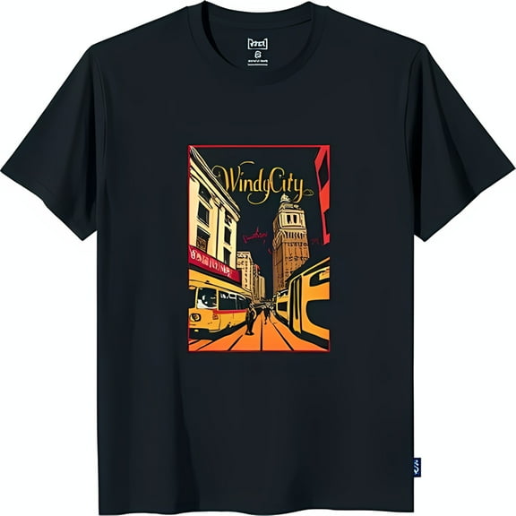 Stylized City Street Graphic Black T-Shirt 'Windy City' Design with Buildings & Streetcars