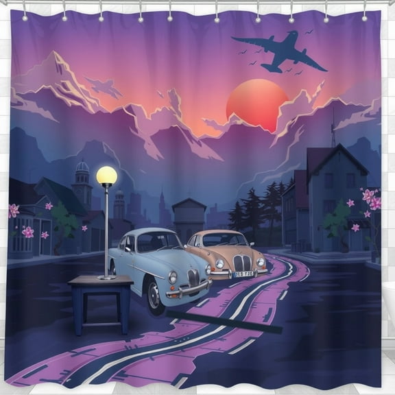 Stylized City Street Scene Shower Curtain - Sunset Aesthetic, Tranquil Design