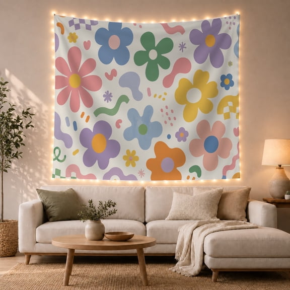 Stylized Colorful Flowers on Off-White Background Whimsical Retro for Flower Lovers Floral Art Decor Housewarming Gift Tapestry Wall Hanging for Bedroom and Living Room