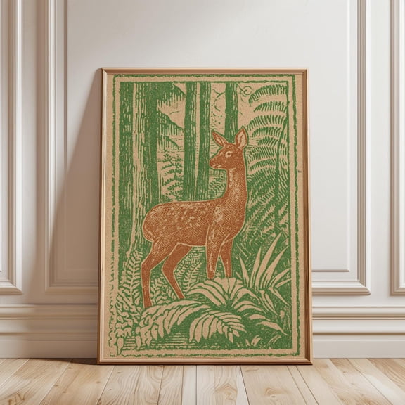Stylized Deer Forest Illustration Green Brown Tones Nature Art Print Unframed Paper Print