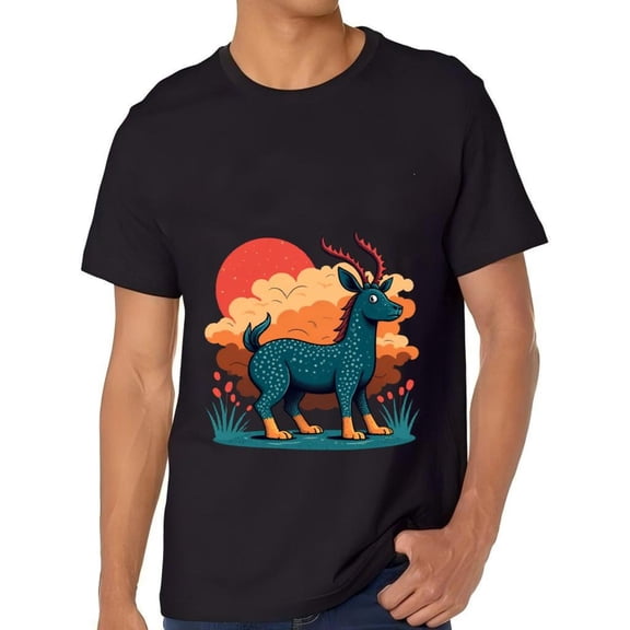 Stylized Deer Graphic Cotton Short Sleeve T-Shirt for Men - Vibrant Blue & Orange Design Nature -Inspired Tee