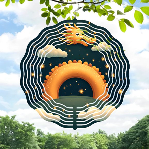 Stylized Dragon & Celestial Wind Spinner - Metal Hanging Chime with Sun Clouds & Stars for Garden Decor - Symmetrical Design
