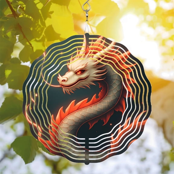 Stylized Dragon Metal Wind Spinner & Chime - Intricate Scales Fiery Accents Dynamic Sound Wave Patterns for Yard & Garden Decor