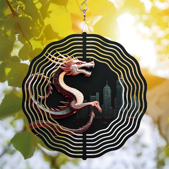 Stylized Dragon Metal Wind Spinner with Sound Wave Pattern - Vibrant Red & Black Design for Yard & Garden Decor