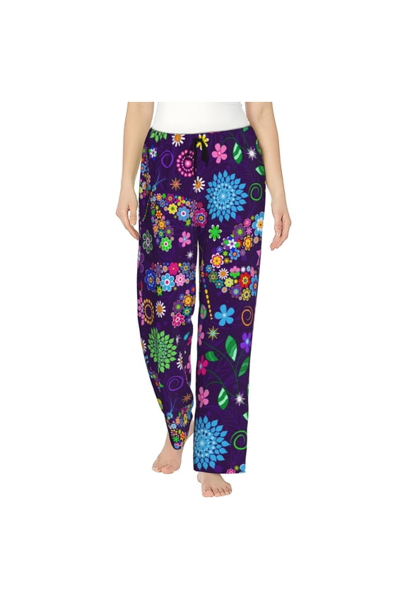 Stylized Dragonflies Flowers Women's Comfy Pajama Pants With Pockets,Soft Stretch Drawstring Lounge Pants, Soft Casual Wide Leg Pjs Sleep Bottoms Medium