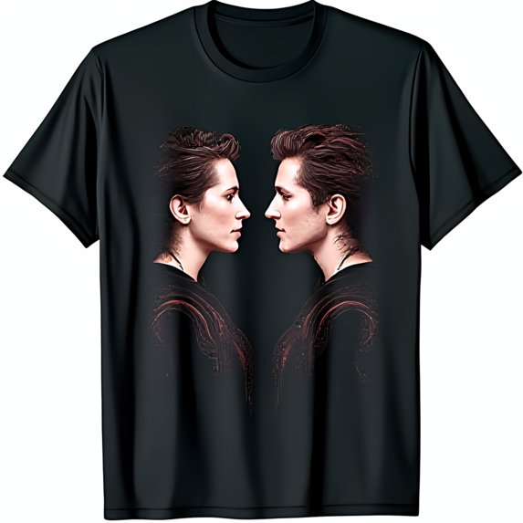 Stylized Duality Graphic Black T-Shirt Artistic Design of Two Faces