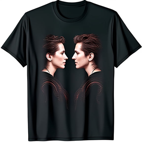 Stylized Duality Graphic Black T-Shirt Artistic Design of Two Faces