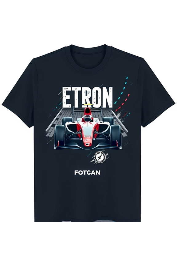 Stylized E Race Car Graphic Black T-Shirt with 'etron' & Bird