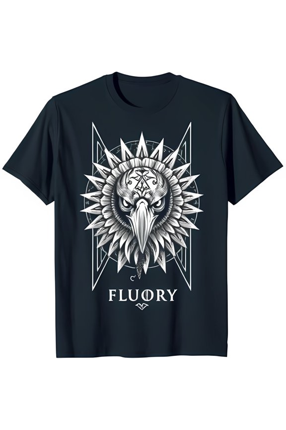 Stylized Eagle Graphic Black T-Shirt with Geometric Patterns FLUORY Design