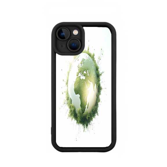 Stylized Eco - Friendly Earth Design iPhone 15 Case - Lightweight Yellowing Resistant Black Border Natural Grass Texture