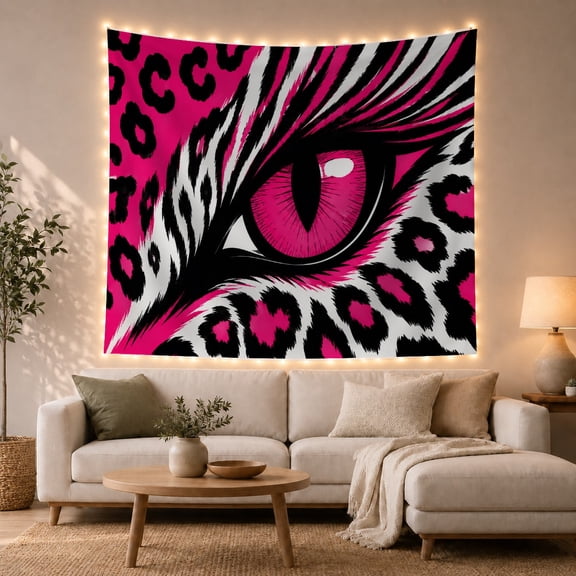Stylized Feline Eye Against Magenta Leopard and Zebra Stripes, Energetic Pop Illustration for Animal Lovers, Modern Wildlife Art, Birthday Gift Tapestry Wall Hanging for Bedroom and Living Room