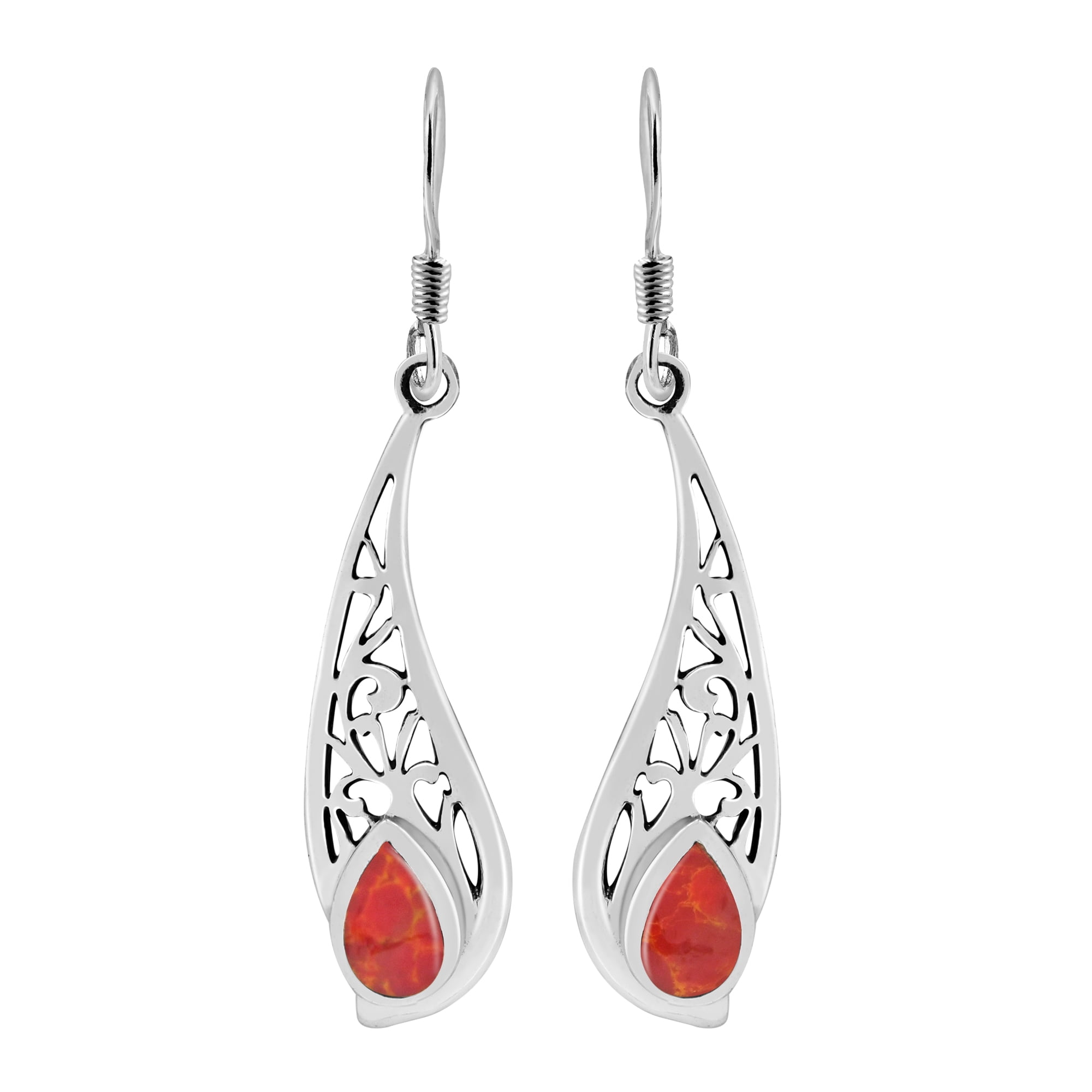 Stylized Filigree Teardrops Red Coral Inlay Sterling Silver Dangle Earrings