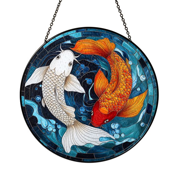Stylized Fish Stained Glass Style Window Hanging, Ocean Inspired Art Panel, Decorative Glass Style Window Decor for Artistic Home Interior