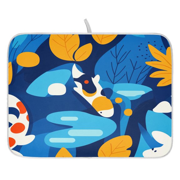 Stylized Fish and Leaves Dish Drying Mat for Kitchen, Quick Drying Absorbent Soft Durable 16" x 18"