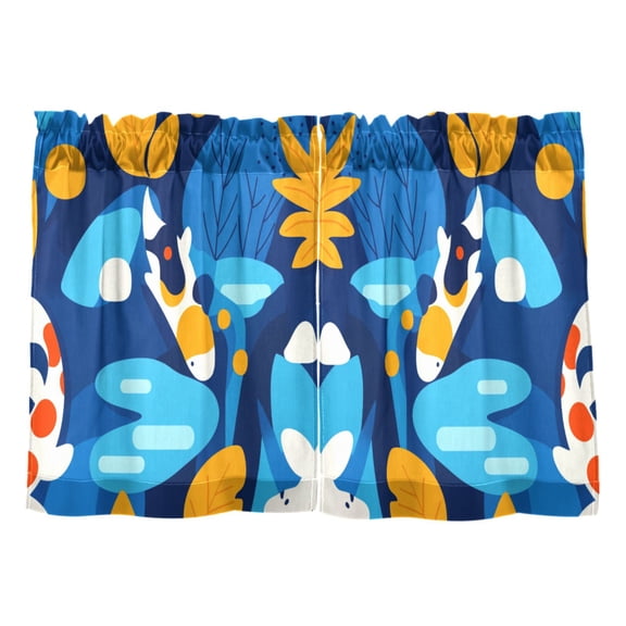 Stylized Fish and Leaves Kitchen Curtains Tier Set 27x24 Inch 2 Panels Semi Sheer Light Filtering Privacy UV Protection
