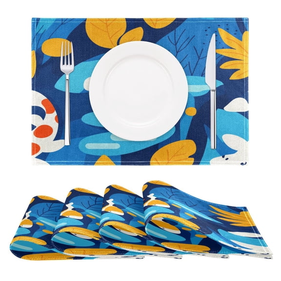 Stylized Fish and Leaves Reversible Placemat Non Slip Coffee Mat 18x12 Inch for Dining, Kitchen, Coffee