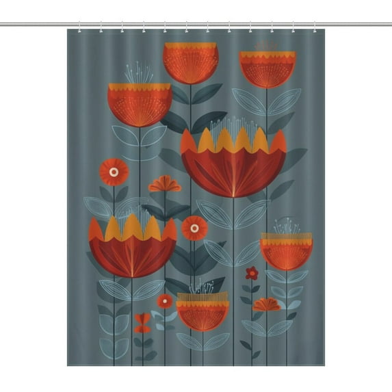 Stylized Floral Artwork Orange Teal Design Shower Curtains - Bath Shower Curtain Set with 12 Hooks for Adults Kids Bathroom Decor Accessories