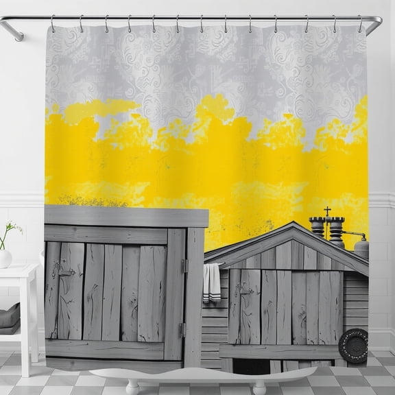 Stylized Floral & Rustic Shed Shower Curtain - Muted Gray White & Sunny Yellow Design for a Cozy Bathroom