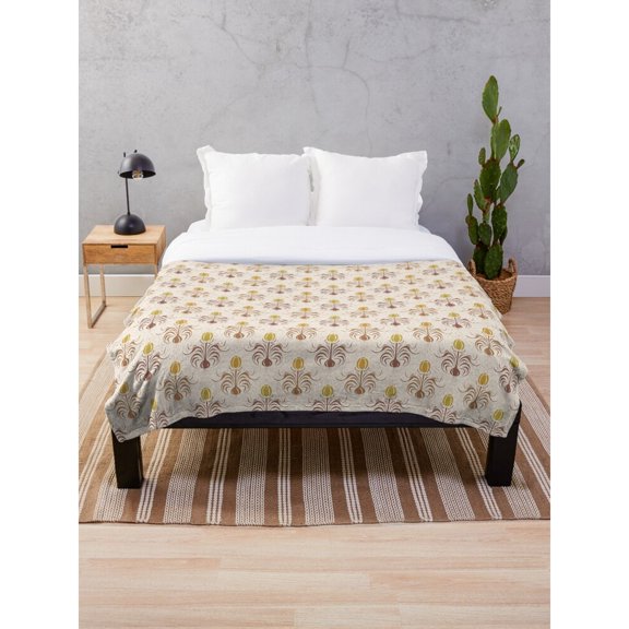 Stylized Floral Sprig Pattern Cream, Brown and Olive Polyester Fleece Blanket, 280 GSM, Botanical Bedroom Accent