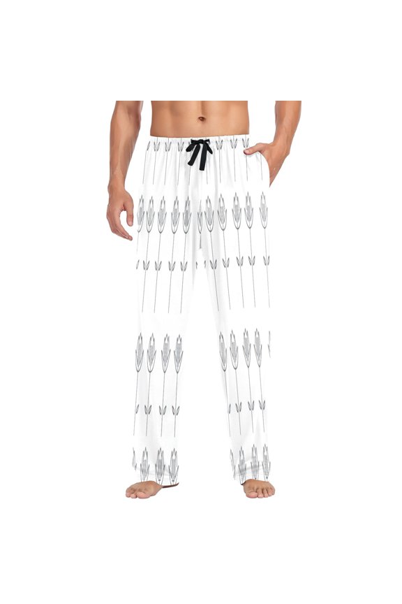 Stylized Flowers Pattern Mens Cotton Pajama Pants Long Staple Lightweight Sleep Bottoms with Pockets Breathable