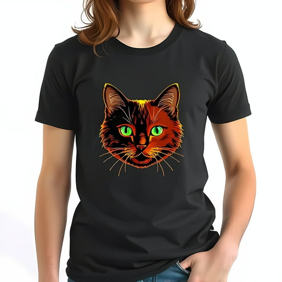 Stylized Ginger Cat Graphic Black Cotton Short Sleeve T-Shirt with Bold Green Eyes - Unique Artistic Design