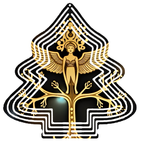 Stylized Golden Angel Tree Wind Spinner - Intricate Metal Garden Decoration with Concentric Lines Perfect for Yard & Garden