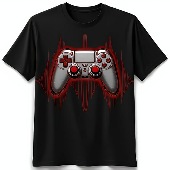 Stylized Graphic Black T-Shirt with Red Swirling Design for Gamers