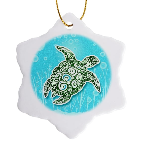 3drose, Stylized Green Sea Turtle in Turquoise Blue Water Scrapbook Style, 3 inch Snowflake Porcelain Ornament