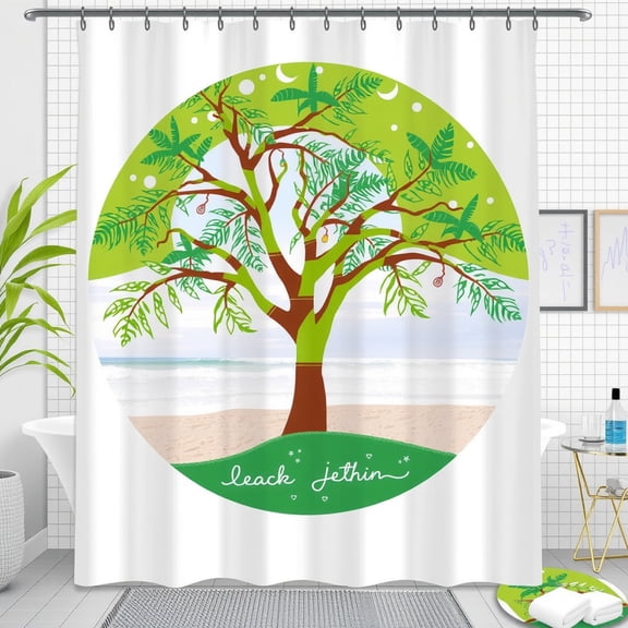 Stylized Green Tree Shower Curtain with Beach Waves - "Beach Jethin" Design for a Calming Bathroom Vibe