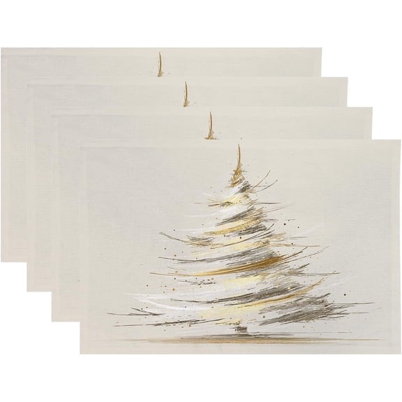 Stylized Hand Drawn Placemats, Airy Gold Accented Tree Place Mats for Dining/Kitchen Table Waterproof Washable Linen Heat Insulation Dinner Table Mats 12x18 in 4 PCS