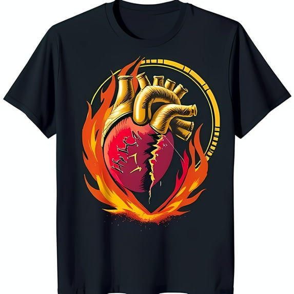 Stylized Heart T-Shirt: & Design with Fiery Unique Black Tee