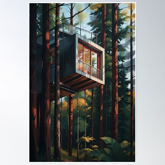 Stylized Illustration: Tree House In The Forest Poster Wall Art, Modern Wall Decor, 12x18 UNFRAMED