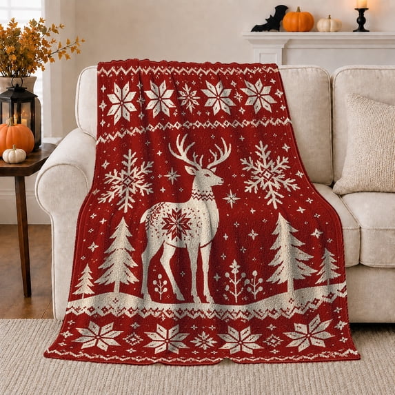 Stylized Knit Reindeer Snowflake Fair Isle Christmas Living, Festive Holiday Scene, Warm Flannel Blanket for Living Room and Reading Nook, Art Lovers Christmas Gift, Festive Home Decor