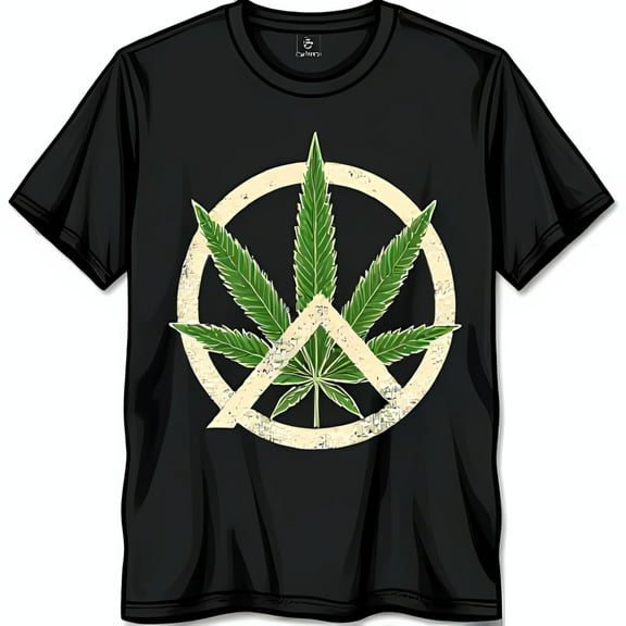Stylized Leaf Inside Peace Symbol Grunge Black T-Shirt