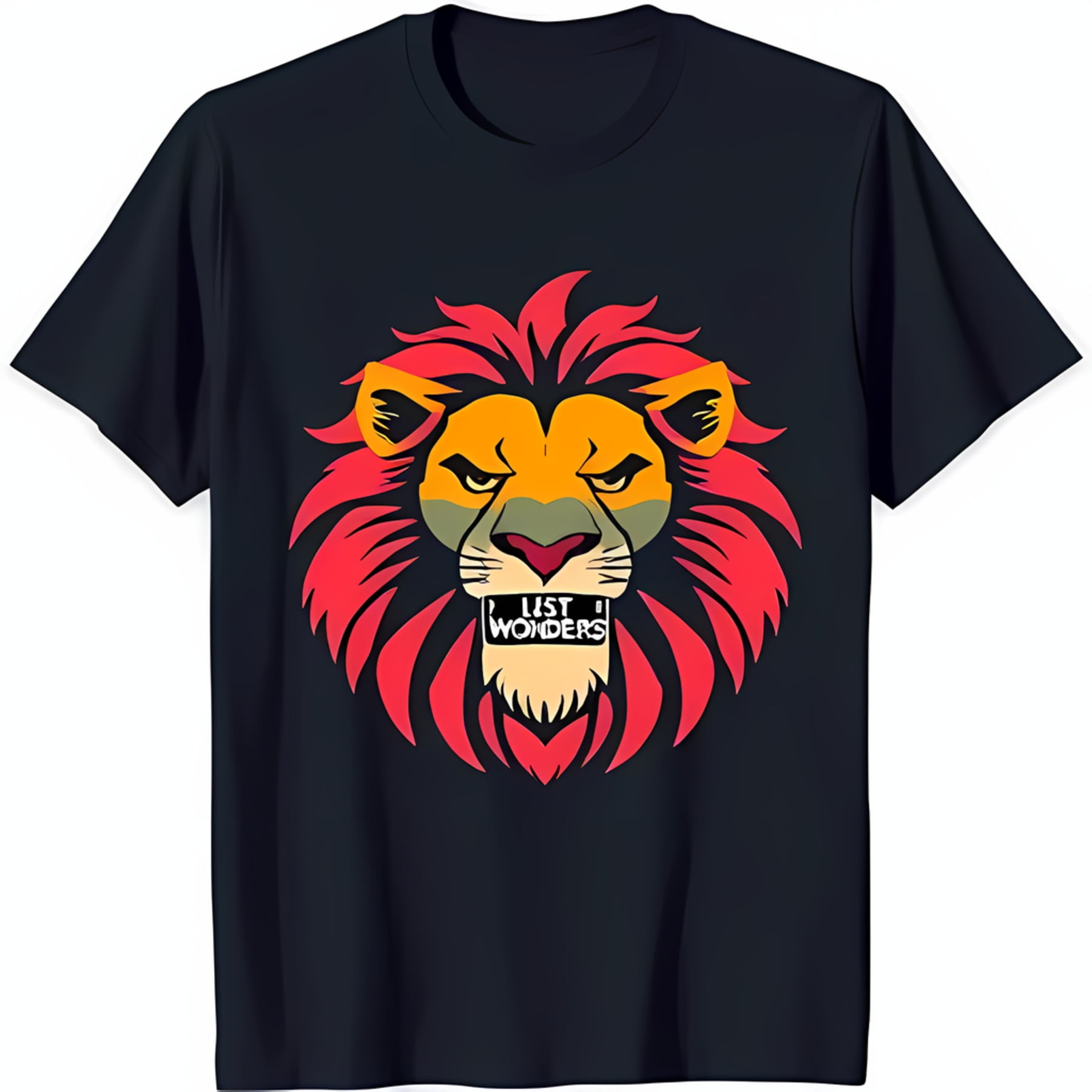 Stylized Lion's Head Black TShirt with Red & 'LIST WONDERS' Tape