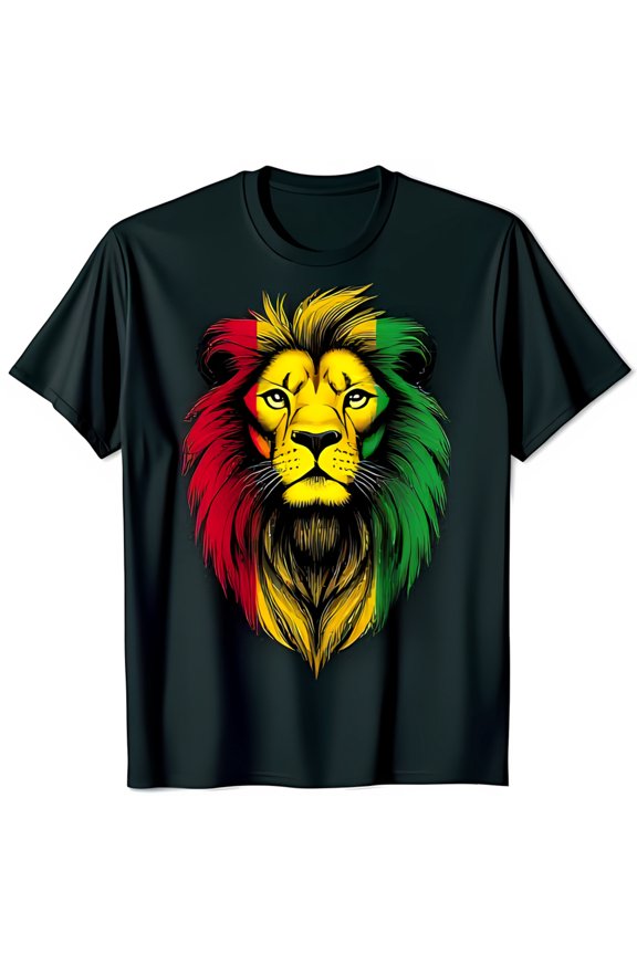 Stylized Lion's Head Black T-Shirt with Red Yellow and Green Celebrate Guinean Pride