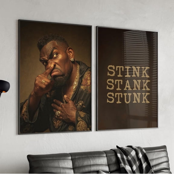 Stylized Man Stank Face Portrait Humorous Bathroom Wall Decor Typography Funny Toilet Decor Set 2 Stretched Canvas