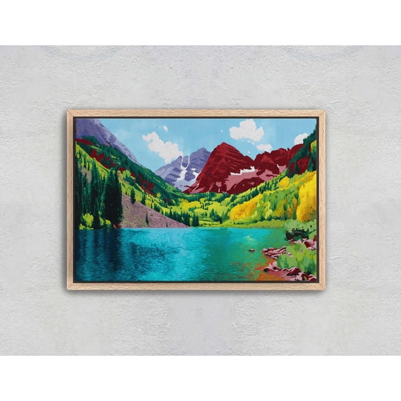 Stylized Maroon Bells Mountain Red Peaks And Teal Lake Wall Decor Unframed Paper Print