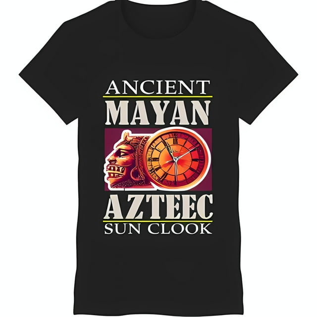 Stylized Mayan God Clock Face Black T-Shirt Bold 'Ancient Mayan Aztec Sun Clook' Design