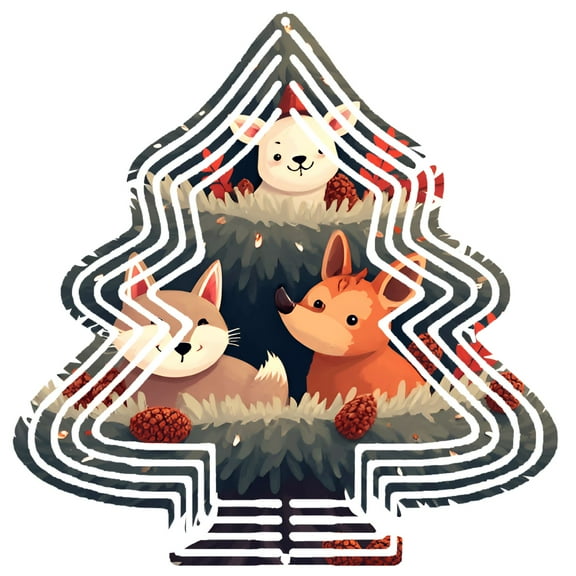 Stylized Metal Christmas Tree Wind Spinner - Adorable Sheep Dog & Fox Design - Perfect for Cozy Winter Garden Decor