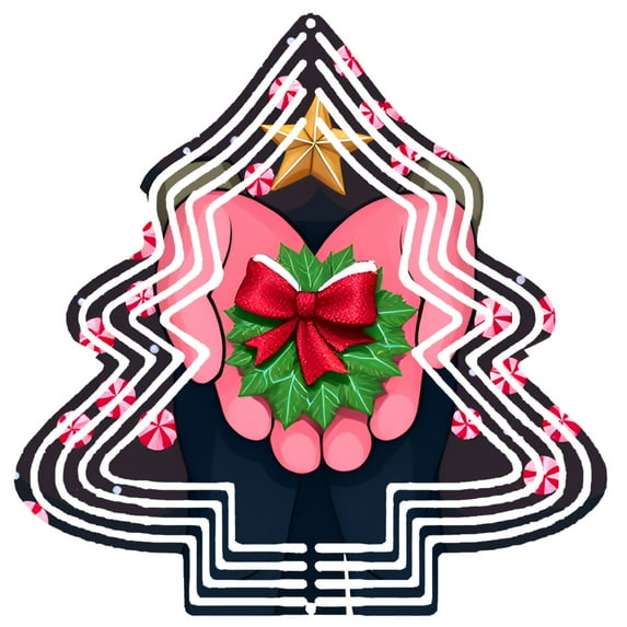 Stylized Metal Christmas Tree Wind Spinner - Features Star Candy Canes & Holly Design - Perfect for Yard & Garden Decor