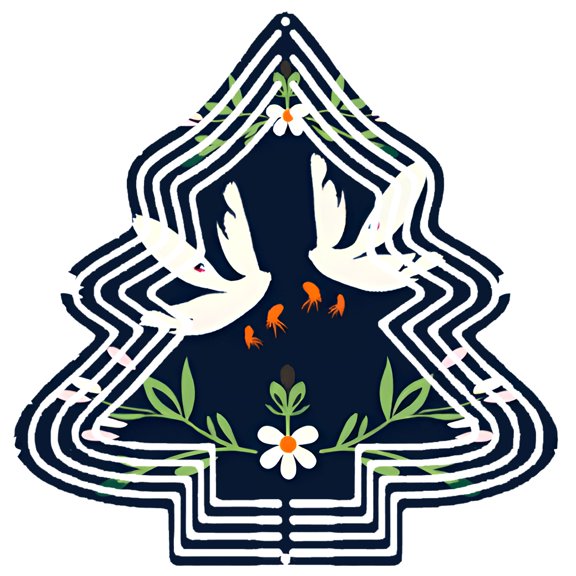 Stylized Metal Christmas Tree Wind Spinner - Features White Birds Orange Fish and Floral Accents for Garden Decor