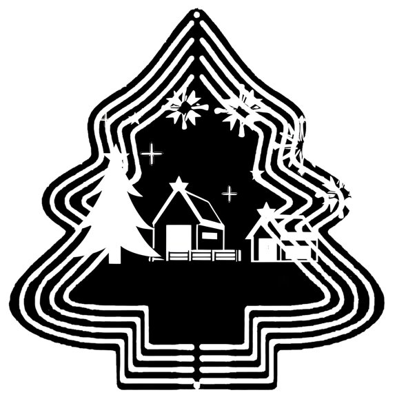 Stylized Metal Christmas Tree Wind Spinner - Layered Concentric Circles with Houses & Fence - Festive Garden Decor for Yard