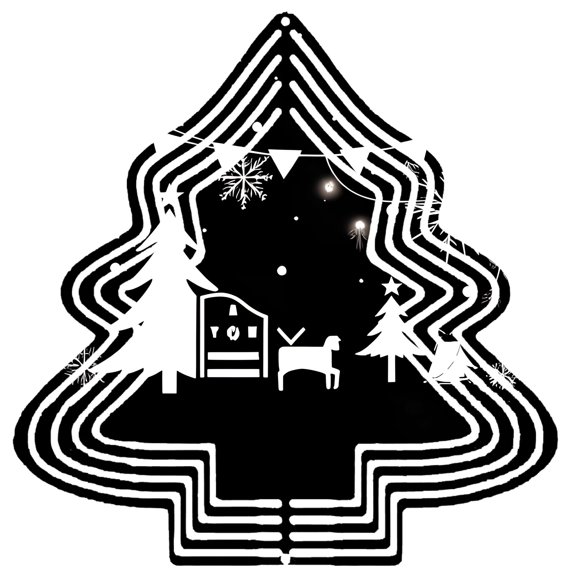 Stylized Metal Christmas Tree Wind Spinner - Unique Design with Snowflakes House and Horse - Perfect for Garden Decor