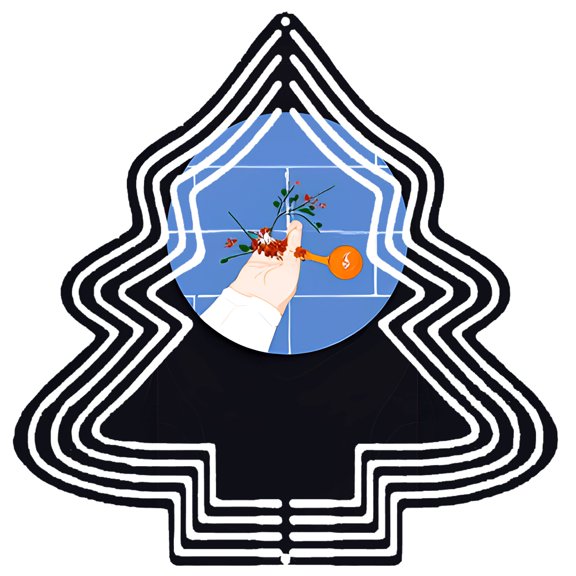 Stylized Metal Christmas Tree Wind Spinner with Circular Frame Concentric Black Lines Red Accent - Perfect for Garden Decor