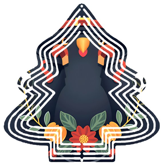 Stylized Metal Hanging Christmas Tree Wind Spinner - Abstract Bird Design with Zigzag Border Red Triangles & Orange Circles for Garden Decor